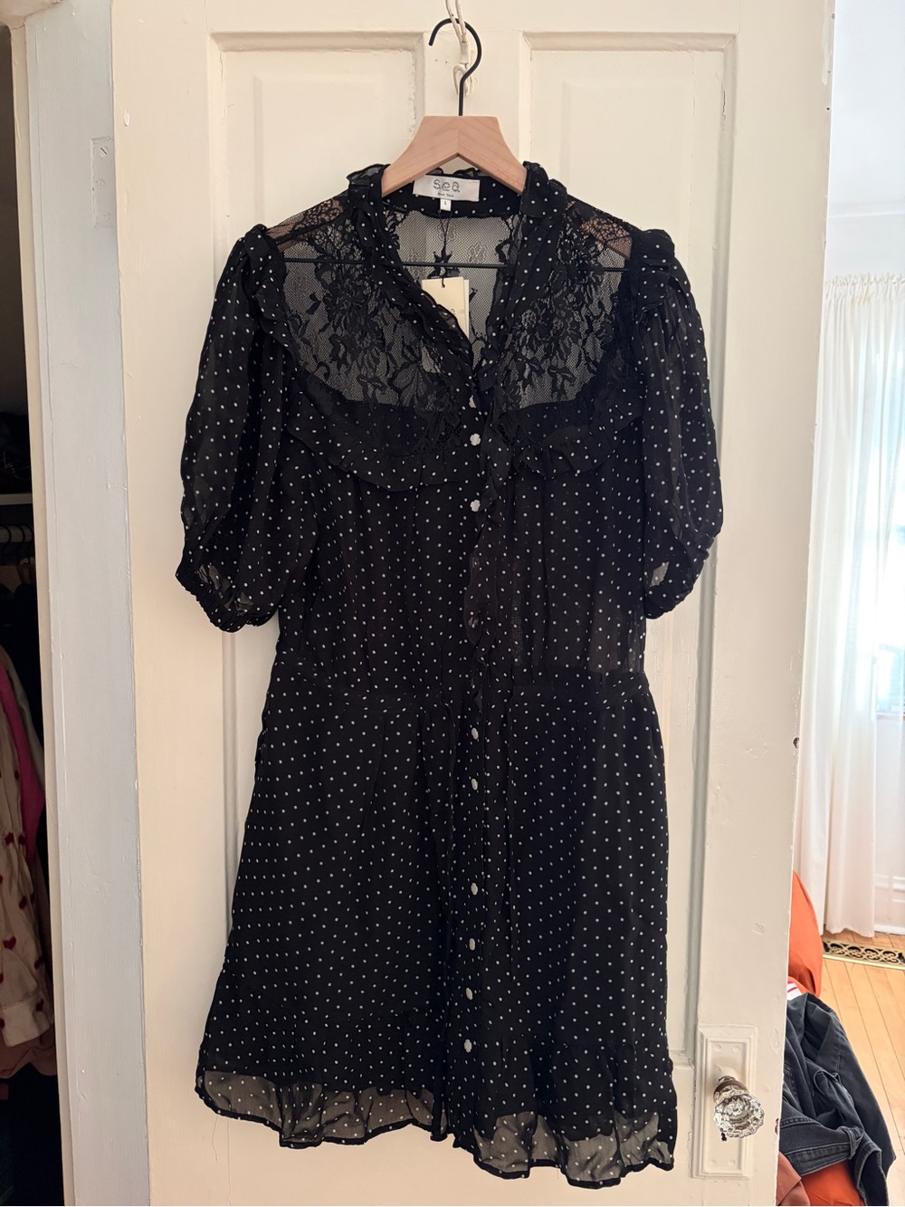 Sea New York Black Polka Dot Lace-Yoke Mini Dress